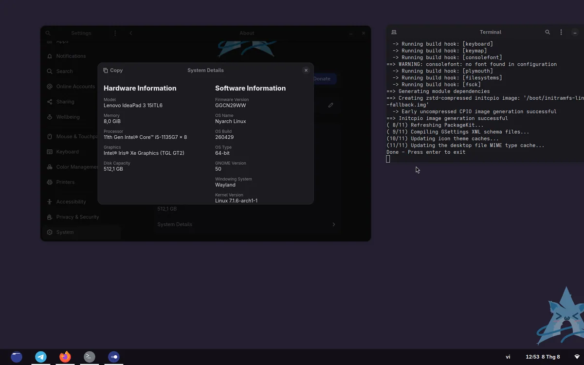 Nyarch Linux GNOME 50 Desktop Screenshot